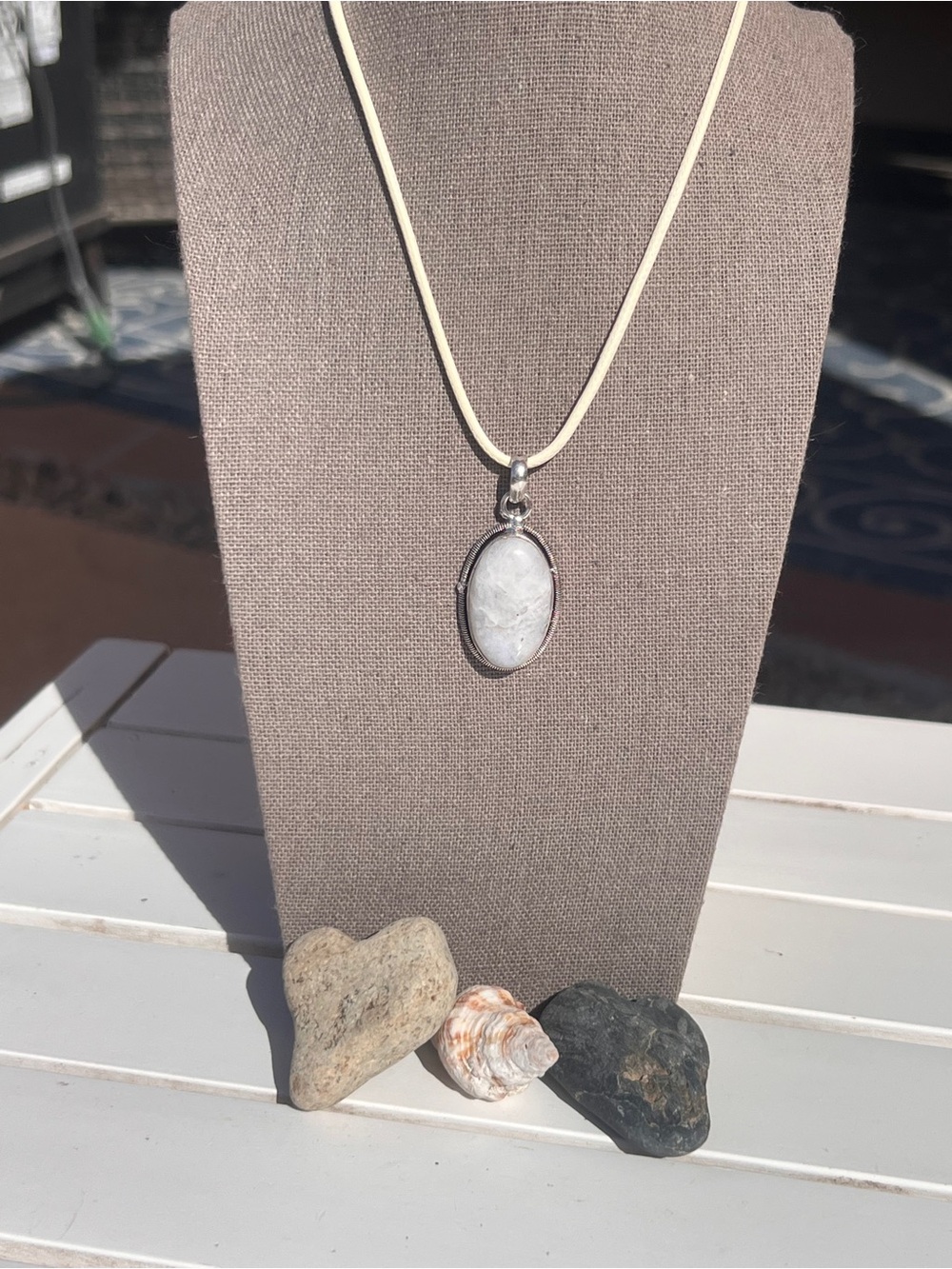 Handmade Moonstone Oval Pendant Necklace in Silver Wire Wrap with Cream Leather